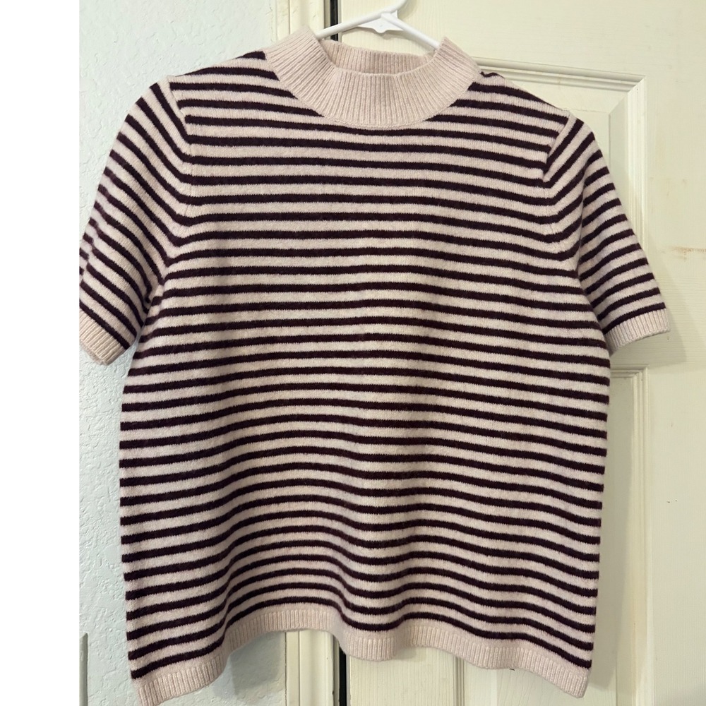 Loft Striped Mock Neck Short Sleeve Wool Blend Sweater Brown Sz PM Minimalist